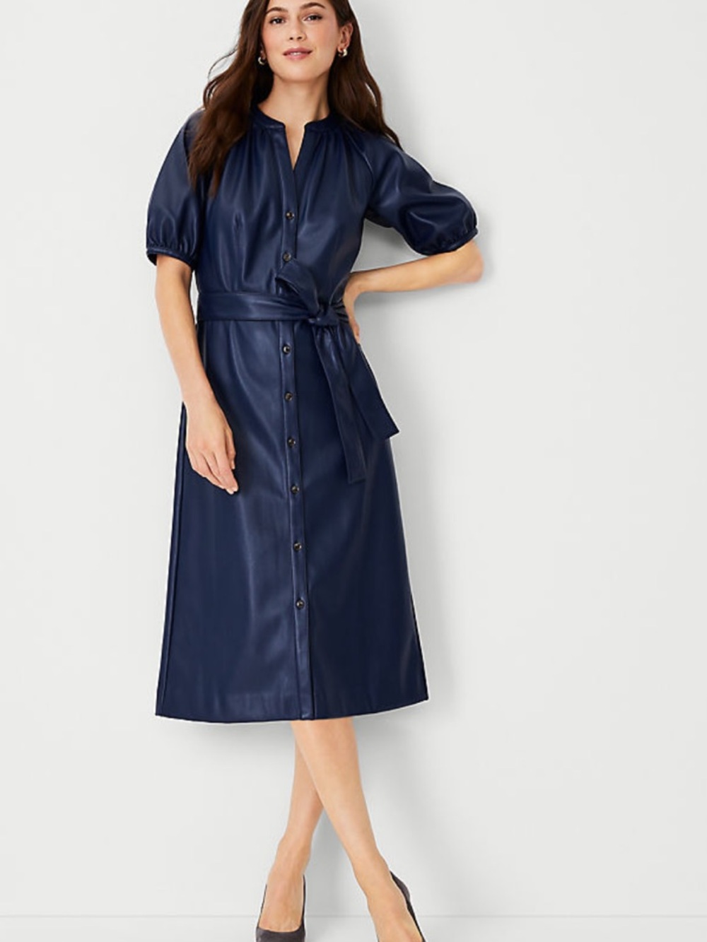 Ann Taylor Faux Leather Blue Shirt Dress Belted Puff Sleeves Career Office 8